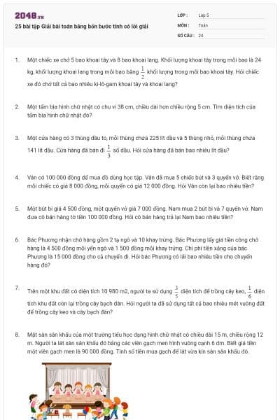 25 bài tập Giải bài toán bằng bốn bước tính có lời giải