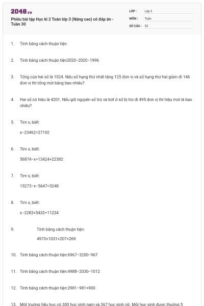 Phiếu bài tập Học kì 2 Toán lớp 3 (Nâng cao) có đáp án -Tuần 30