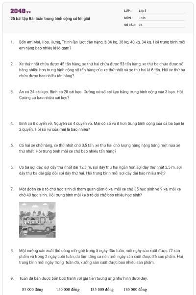 25 bài tập Bài toán trung bình cộng có lời giải