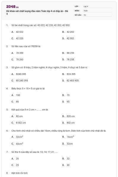 Đề khảo sát chất lượng đầu năm Toán lớp 4 có đáp án - Đề 4