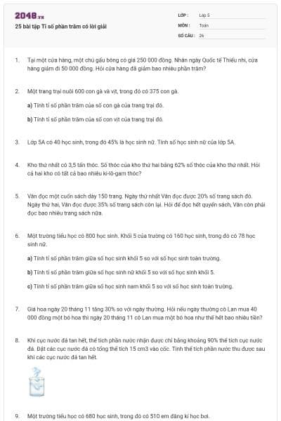 25 bài tập Tỉ số phần trăm có lời giải