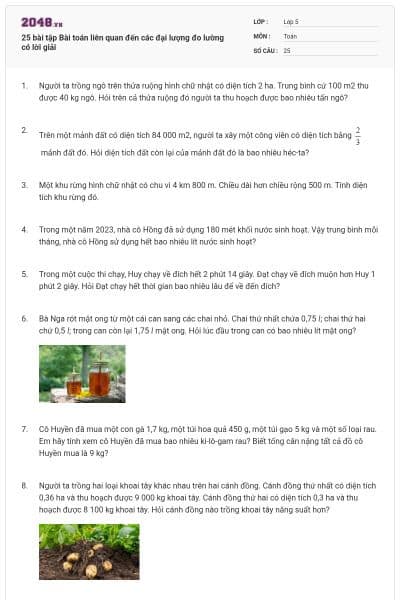 25 bài tập Bài toán liên quan đến các đại lượng đo lường có lời giải