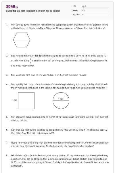 25 bài tập Bài toán liên quan đến hình học có lời giải