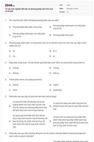 10 câu trắc nghiệm Bài tập về phương pháp tách kim loại có lời giải
