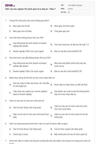 550+ câu trắc nghiệm Tài chính quốc tế có đáp án - Phần 7