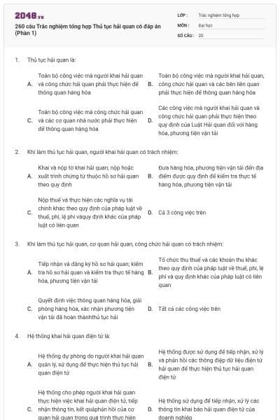 260 câu Trắc nghiệm tổng hợp Thủ tục hải quan có đáp án (Phần 1)