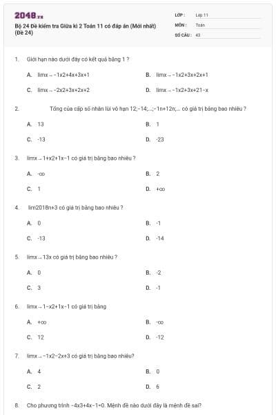 Bộ 24 Đề kiểm tra Giữa kì 2 Toán 11 có đáp án (Mới nhất) (Đề 24)