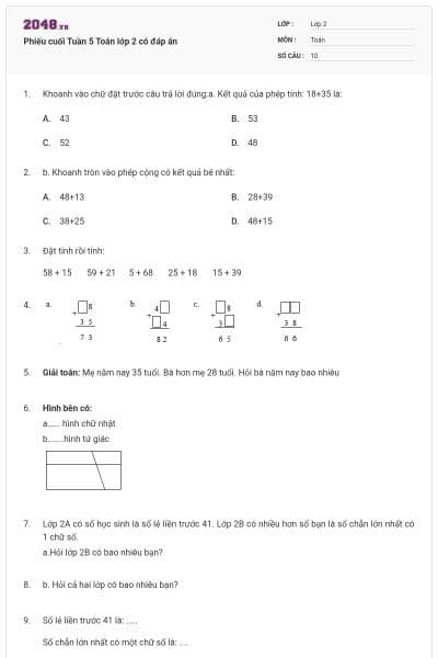 Phiếu cuối Tuần 5 Toán lớp 2 có đáp án