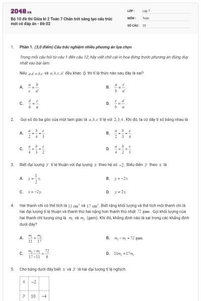 Bộ 10 đề thi Giữa kì 2 Toán 7 Chân trời sáng tạo cấu trúc mới có đáp án - Đề 02
