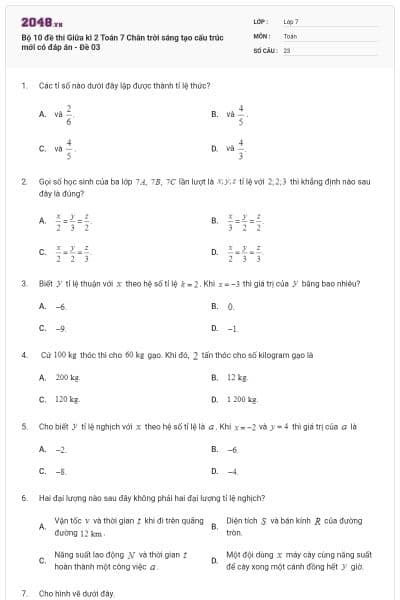 Bộ 10 đề thi Giữa kì 2 Toán 7 Chân trời sáng tạo cấu trúc mới có đáp án - Đề 03