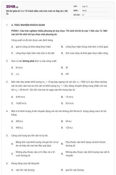 Đề thi giữa kì 2 Lí 10 Cánh diều cấu trúc mới có đáp án ( Đề 3)
