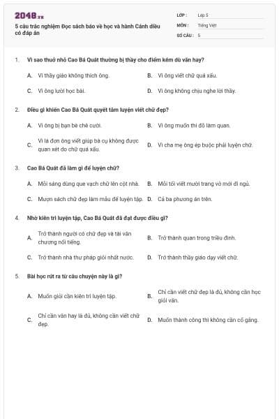 5 câu trắc nghiệm Đọc sách báo về học và hành Cánh diều có đáp án