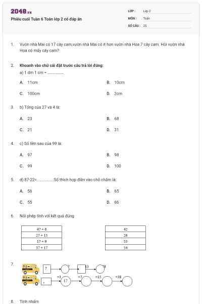 Phiếu cuối Tuần 6 Toán lớp 2 có đáp án