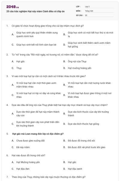 20 câu trắc nghiệm Hạt nảy mầm Cánh diều có đáp án