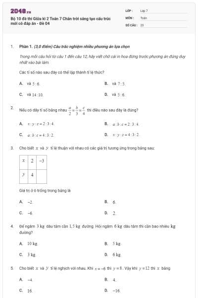 Bộ 10 đề thi Giữa kì 2 Toán 7 Chân trời sáng tạo cấu trúc mới có đáp án - Đề 04