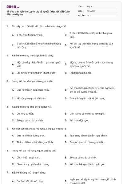 15 câu trắc nghiệm Luyện tập tả người (Viết kết bài) Cánh diều có đáp án
