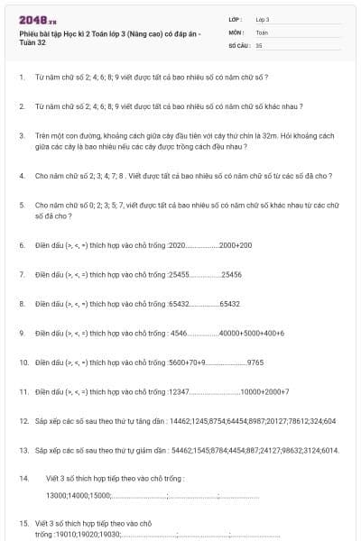 Phiếu bài tập Học kì 2 Toán lớp 3 (Nâng cao) có đáp án -Tuần 32