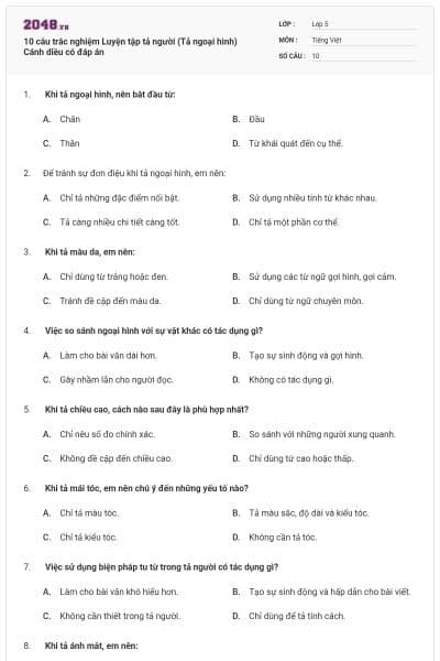 10 câu trắc nghiệm Luyện tập tả người (Tả ngoại hình) Cánh diều có đáp án