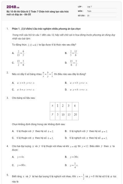 Bộ 10 đề thi Giữa kì 2 Toán 7 Chân trời sáng tạo cấu trúc mới có đáp án - Đề 05