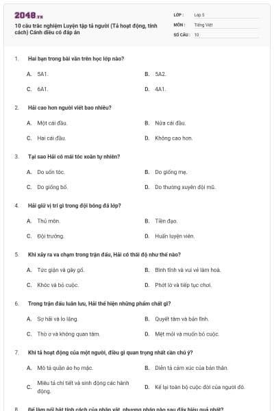 10 câu trắc nghiệm Luyện tập tả người (Tả hoạt động, tính cách) Cánh diều có đáp án