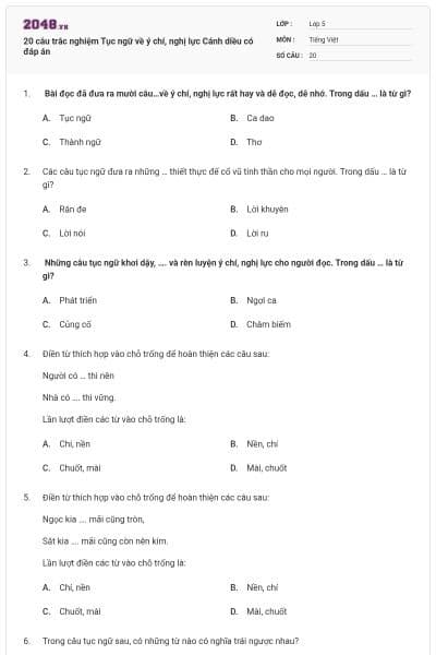 20 câu trắc nghiệm Tục ngữ về ý chí, nghị lực Cánh diều có đáp án