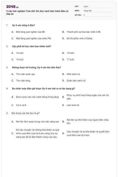 5 câu trắc nghiệm Trao đổi: Em đọc sách báo Cánh diều có đáp án