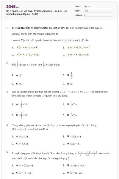 Bộ 5 đề thi cuối kì 2 Toán 12 Kết nối tri thức cấu trúc mới (có tự luận) có đáp án - Đề 02