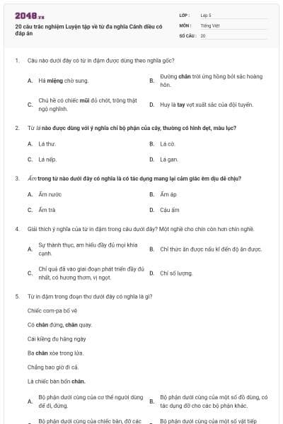 20 câu trắc nghiệm Luyện tập về từ đa nghĩa Cánh diều có đáp án