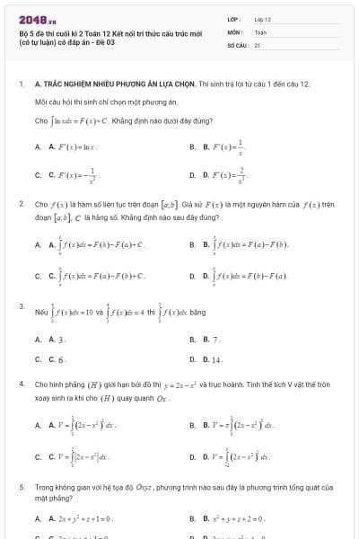 Bộ 5 đề thi cuối kì 2 Toán 12 Kết nối tri thức cấu trúc mới (có tự luận) có đáp án - Đề 03