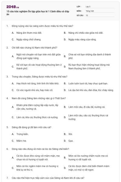 15 câu trắc nghiệm Ôn tập giữa học kì 1 Cánh diều có đáp án