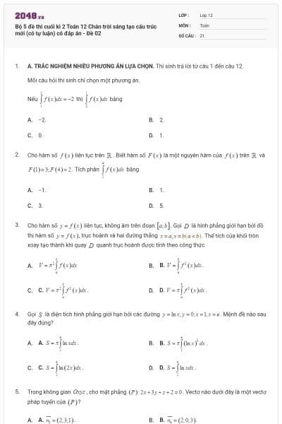 Bộ 5 đề thi cuối kì 2 Toán 12 Chân trời sáng tạo cấu trúc mới (có tự luận) có đáp án - Đề 02