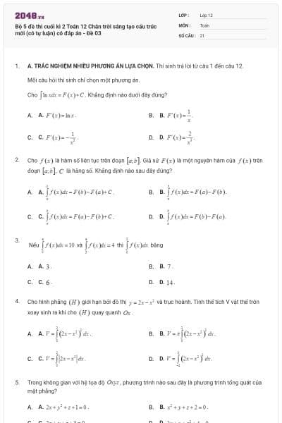 Bộ 5 đề thi cuối kì 2 Toán 12 Chân trời sáng tạo cấu trúc mới (có tự luận) có đáp án - Đề 03