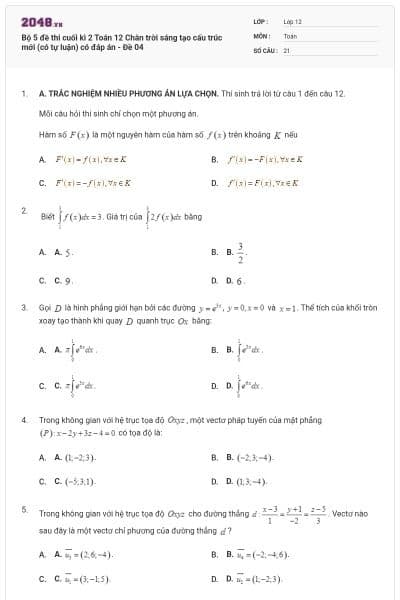 Bộ 5 đề thi cuối kì 2 Toán 12 Chân trời sáng tạo cấu trúc mới (có tự luận) có đáp án - Đề 04