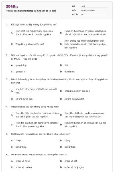 10 câu trắc nghiệm Bài tập về hợp kim có lời giải