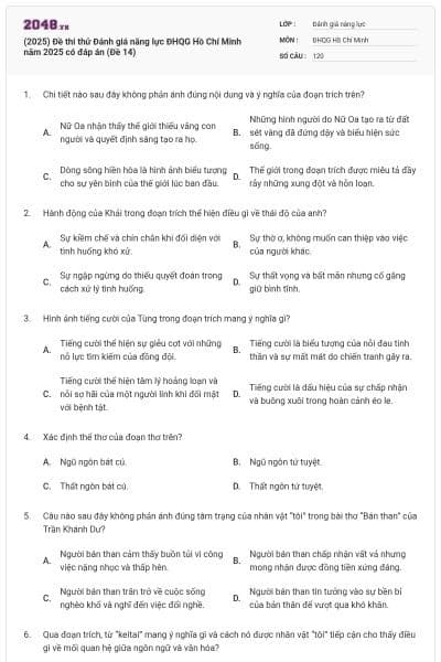 (2025) Đề thi thử Đánh giá năng lực ĐHQG Hồ Chí Minh năm 2025 có đáp án (Đề 14)