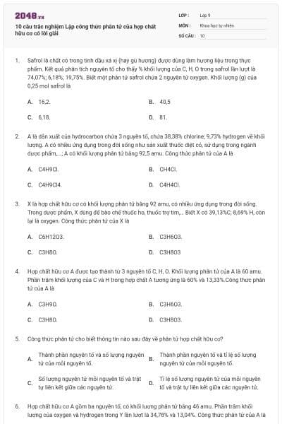 10 câu trắc nghiệm Lập công thức phân tử của hợp chất hữu cơ có lời giải
