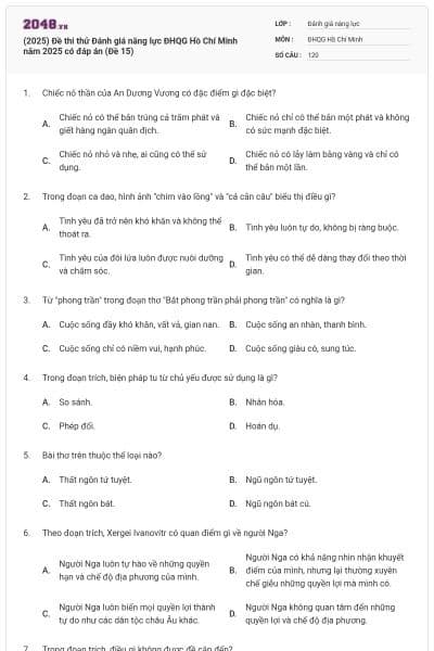 (2025) Đề thi thử Đánh giá năng lực ĐHQG Hồ Chí Minh năm 2025 có đáp án (Đề 15)