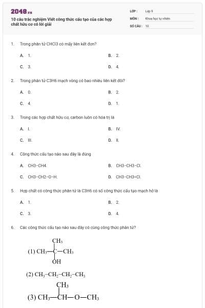 10 câu trắc nghiệm Viết công thức cấu tạo của các hợp chất hữu cơ có lời giải