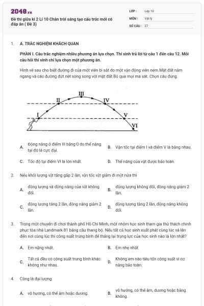 Đề thi giữa kì 2 Lí 10 Chân trời sáng tạo cấu trúc mới có đáp án ( Đề 3)