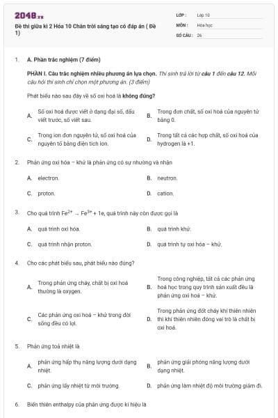 Đề thi giữa kì 2 Hóa 10 Chân trời sáng tạo có đáp án ( Đề 1)