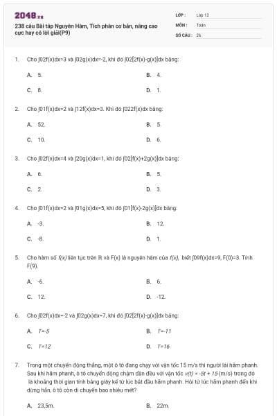 238 câu Bài tâp Nguyên Hàm, Tích phân cơ bản, nâng cao cực hay có lời giải(P9)