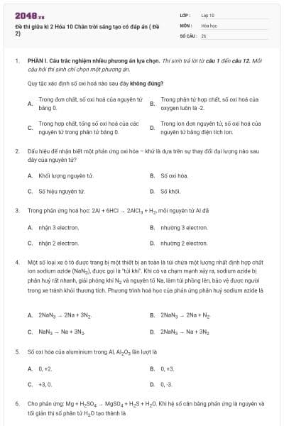 Đề thi giữa kì 2 Hóa 10 Chân trời sáng tạo có đáp án ( Đề 2)