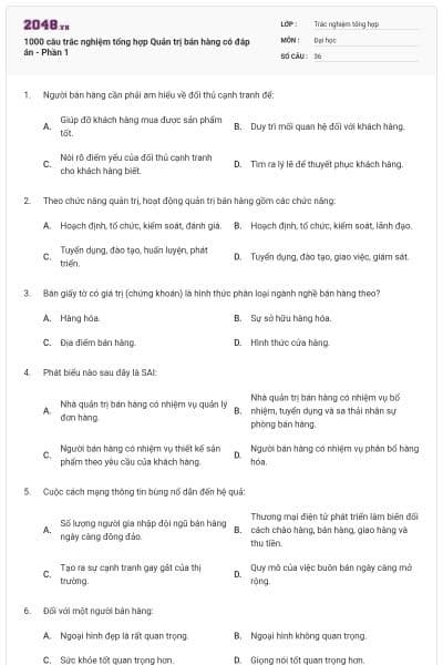 1000 câu trắc nghiệm tổng hợp Quản trị bán hàng có đáp án - Phần 1