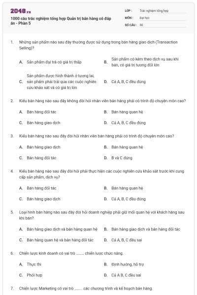 1000 câu trắc nghiệm tổng hợp Quản trị bán hàng có đáp án - Phần 5