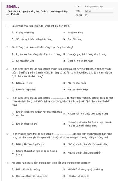 1000 câu trắc nghiệm tổng hợp Quản trị bán hàng có đáp án - Phần 8