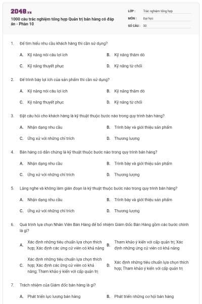 1000 câu trắc nghiệm tổng hợp Quản trị bán hàng có đáp án - Phần 10