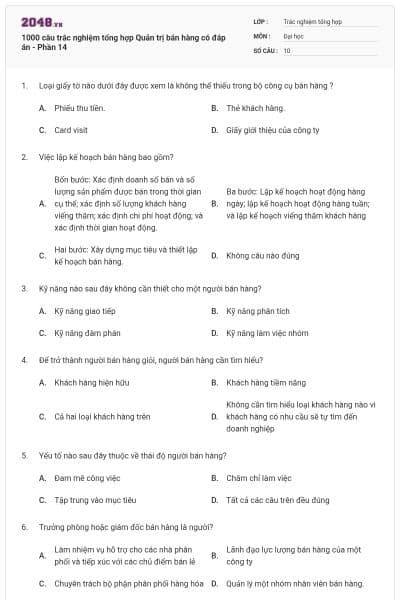 1000 câu trắc nghiệm tổng hợp Quản trị bán hàng có đáp án - Phần 14