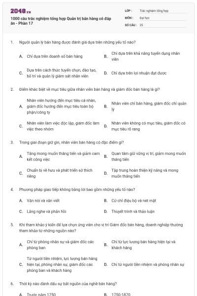1000 câu trắc nghiệm tổng hợp Quản trị bán hàng có đáp án - Phần 17