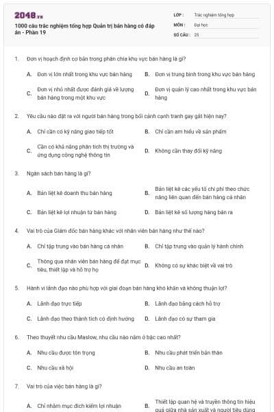 1000 câu trắc nghiệm tổng hợp Quản trị bán hàng có đáp án - Phần 19