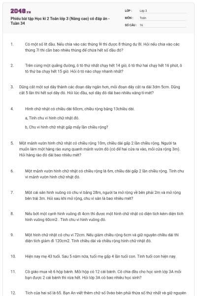 Phiếu bài tập Học kì 2 Toán lớp 3 (Nâng cao) có đáp án -Tuần 34